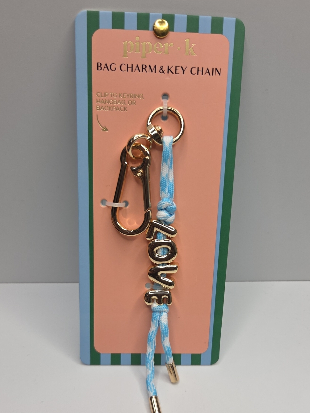 💙▪️Piper K ▪️Blue " LOVE" Bag Charm Key Chain with Gold Hardware - Picture 2 of 6